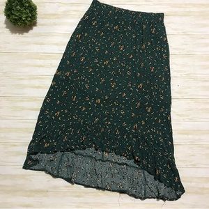 Long Modest Elastic Waist GreenFloral High Low Ruffle Midi Skirt Size Medium